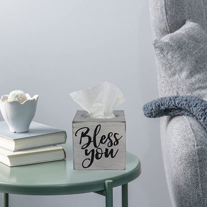 Young's Inc. Wood Bless You Tissue Box Cover - Tissue Holder for Farmhouse Bathroom Decor - Charming Rustic Bathroom Decor - 6" L x 6" W x 6" H