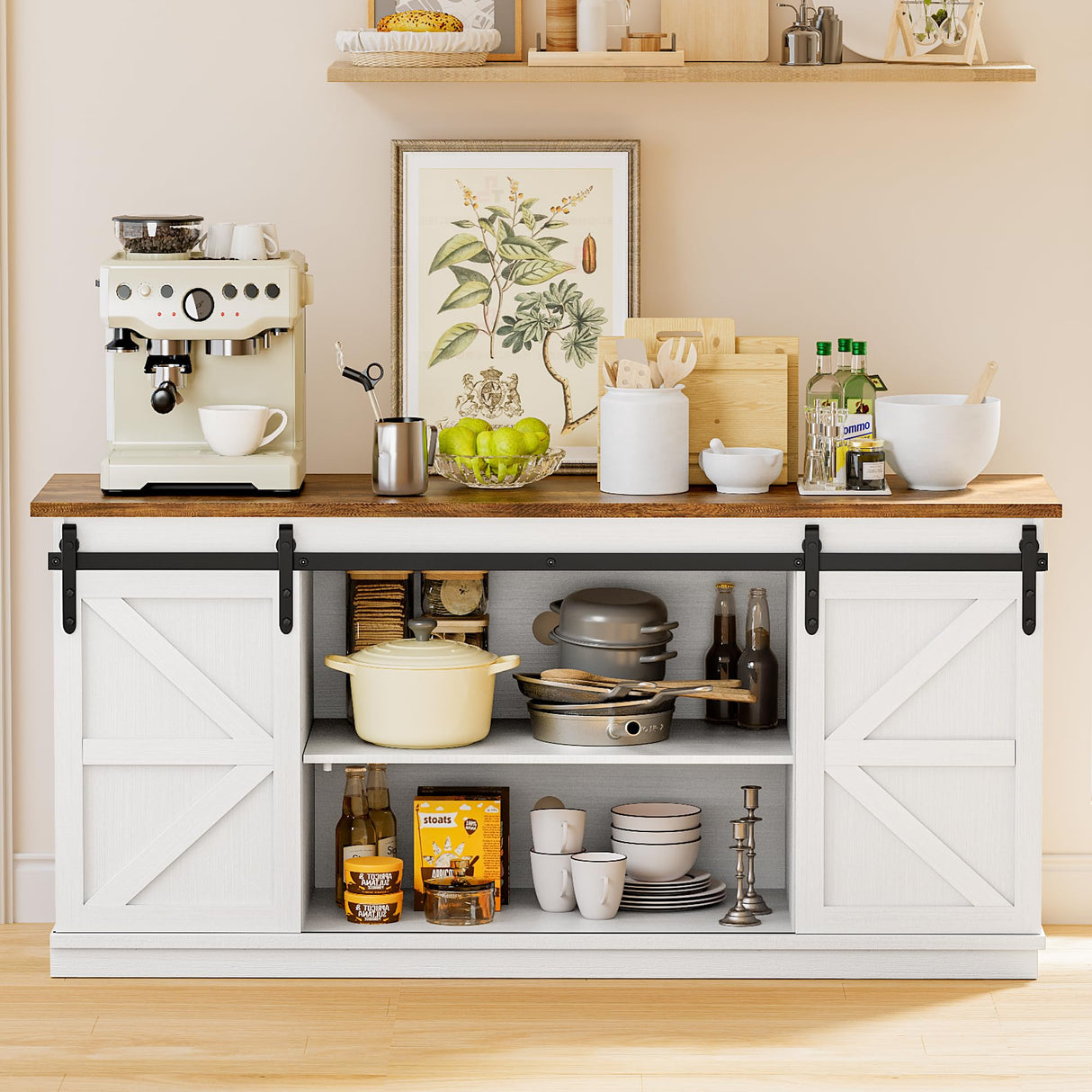 YESHOMY Storage Cabinet, Farmhouse Sideboard Buffet Coffee Bar with Sliding Barn Doors, Shelf for Home Dining Room, White YESHOMY