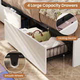 VIAGDO Farmhouse Bed Frame King Size with Bookcase Storage Headboard, Charging Station and LED Lights, Wooden King Bed Frame with 4 Drawers, Barn Door Design, No Box Spring Needed, No Noise, White VIAGDO