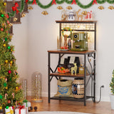 Furologee Bakers Rack with Power Outlet and LED Light, Small Microwave Stand with 4 Tier Shelves, Coffee Bar Station Table with 6 S Hooks, Kitchen Storage Rack for Spices, Pots, Rustic Brown Furologee