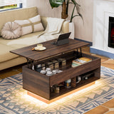 HOMMPA Modern Lift Top Coffee Table with Storage for Living Room LED Coffee Table Wodden Lift Tabletop Dining Table with Hidden Compartment and Metal Frame, Walnut HOMMPA