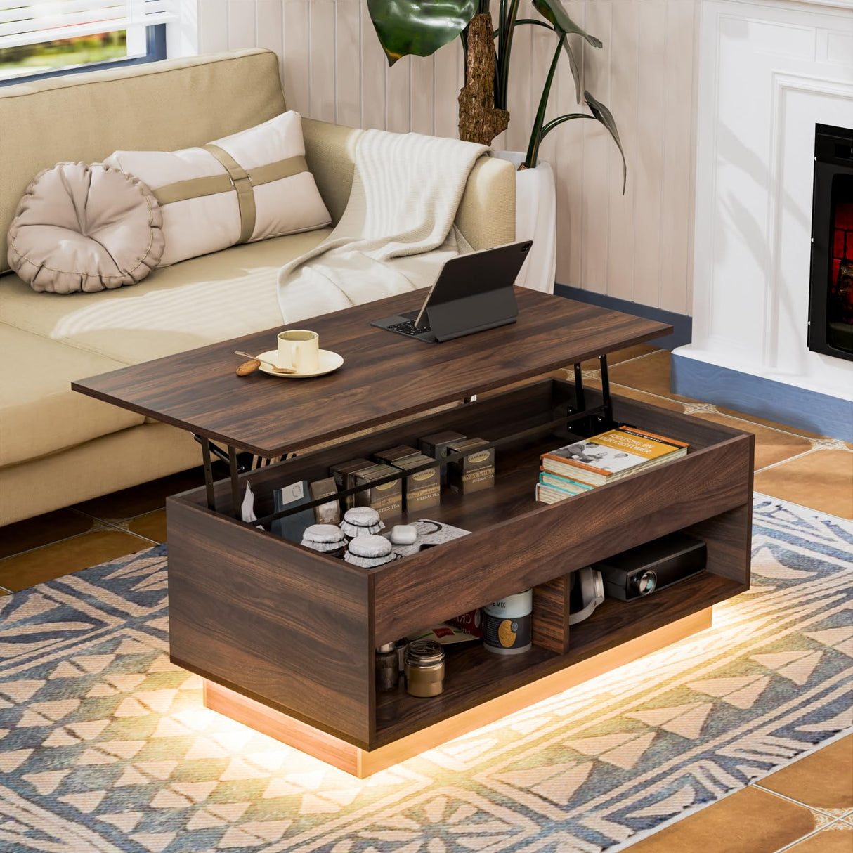HOMMPA Lift Top Coffee Table with Hidden Storage LED Coffee Table Dark Walnut Living Room 3 Tiers Tea Table with Storage Center Tables Hidden Compartment & 2 Open Shelves HOMMPA