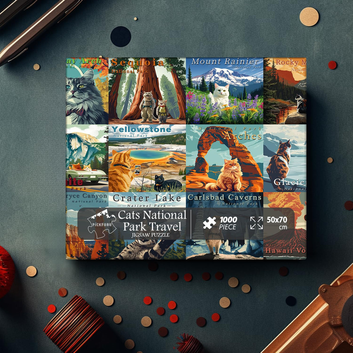 Cat Puzzles for Adults 1000 Pieces and up, National Parks Puzzle Series Kitty Travels Yellowstone Glacier, PICKFORU Funny Cat Jigsaw Puzzles as Home Decor PICKFORU