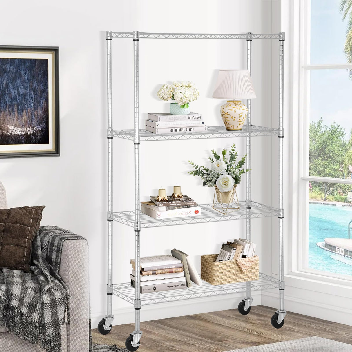 YRLLENSDAN Storage Shelves with Wheels, Heavy Duty 4 Tier Garage Storage Rack, Adjustable Wire Shelving Unit, Metal Shelf Organizer for Pantry, Kitchen, Basement, 36" W x 14" D x 62" H, Chrome YRLLENSDAN