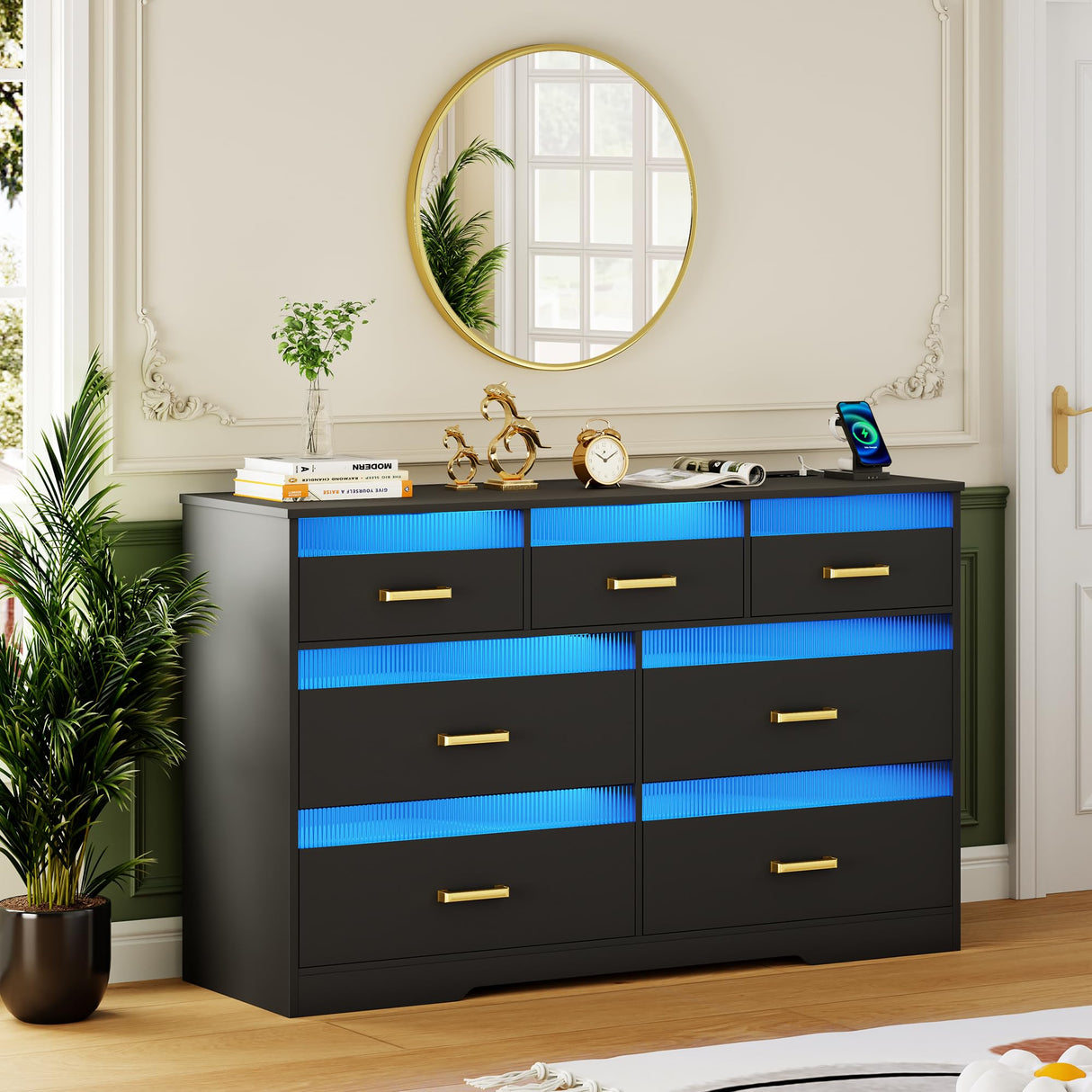 FREDEES 7 Drawers Dresser for Bedroom with LED Light, Large Chest of Drawers, Modern Black Dresser with Charging Station, Wood Bedroom Dressers for Closet/Living Room/Hallway FREDEES