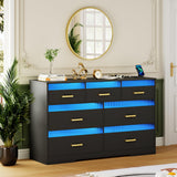 FREDEES 7 Drawers Dresser for Bedroom with LED Light, Large Chest of Drawers, Modern Black Dresser with Charging Station, Wood Bedroom Dressers for Closet/Living Room/Hallway FREDEES