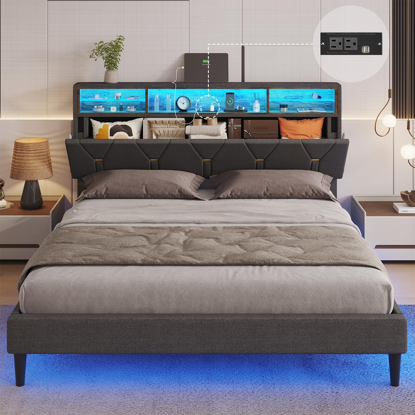 ADORNEVE Queen Bed Frame with USB Ports & Outlets, LED Bed Frame Queen Size with Shelf Storage Headboard, Upholstered Platform Bed with LED Lights, Solid Wood Slats, Stable Structure, Dark Gray