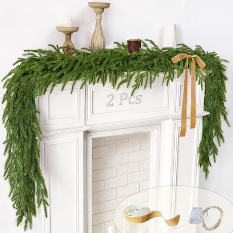 2 Pcs Christmas Garland with Lights 6 Ft, Real Touch Norfolk Pine Garland for Mantle, Christmas Decorations Indoor Outdoor for Wall Fireplace, Faux Greenery Cedar Garland Realistic for Table Decor Cherica