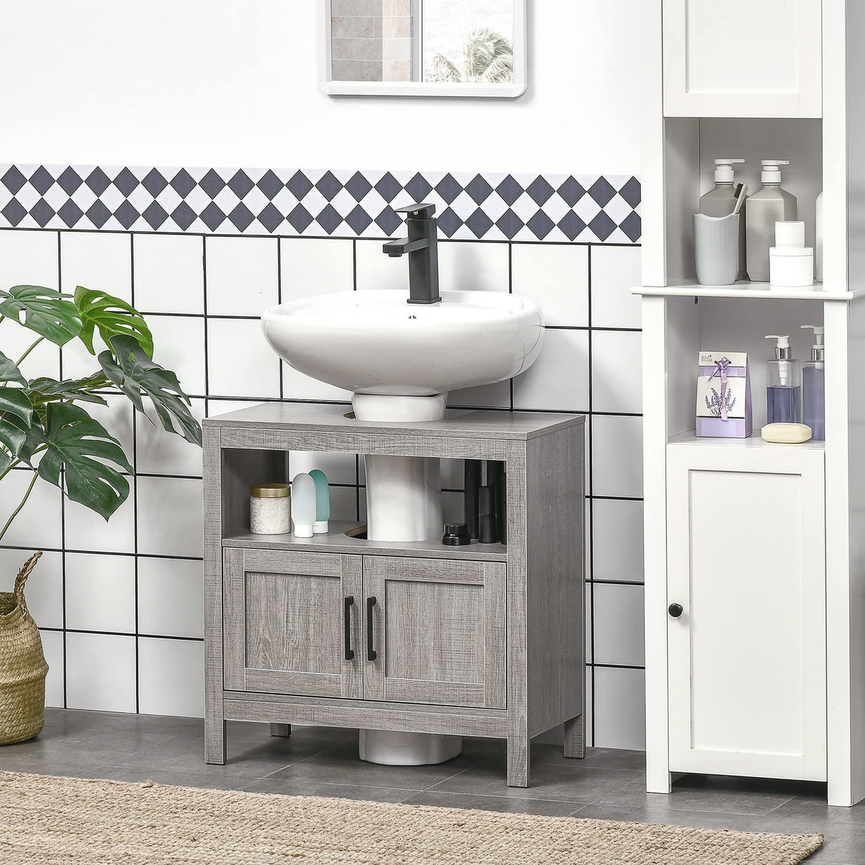 kleankin Pedestal Sink Storage Cabinet, Bathroom Under Sink Cabinet with 2 Doors and Open Shelf, Bathroom Vanity, Gray kleankin