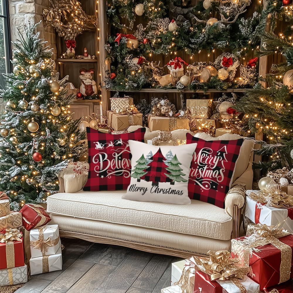 GEEORY Merry Christmas Throw Pillow Covers 18x18 Inch Set of 4, Xmas Trees Truck Buffalo Plaid Believe Farmhouse Decorative Cushion Cases for Home Decoration G421-18 GEEORY
