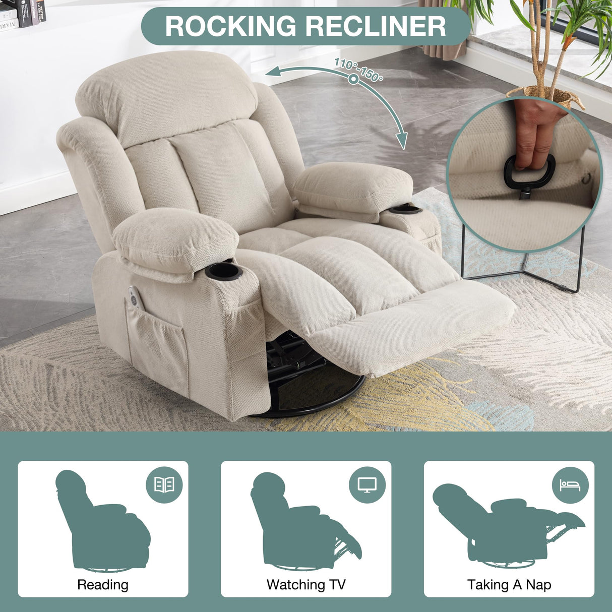 BOSMILLER Oversized Recliner Chair for Adults with Vibration Massage and Lumbar Heating Swivel Rocker Recliner with Cup Holder and USB Charge Port for Living Room BOSMILLER
