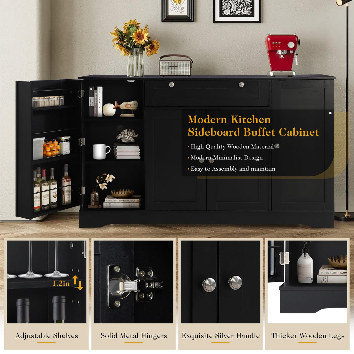 MAIBH 54" Buffet Cabinet with Drawer, Modern Kitchen Pantry Sideboard Storage Cabinets with 4 Doors and Adjustive Shelves, Coffee Bar Cabinet Buffet Table with Large Storage for Living Room (Black) MAIBH