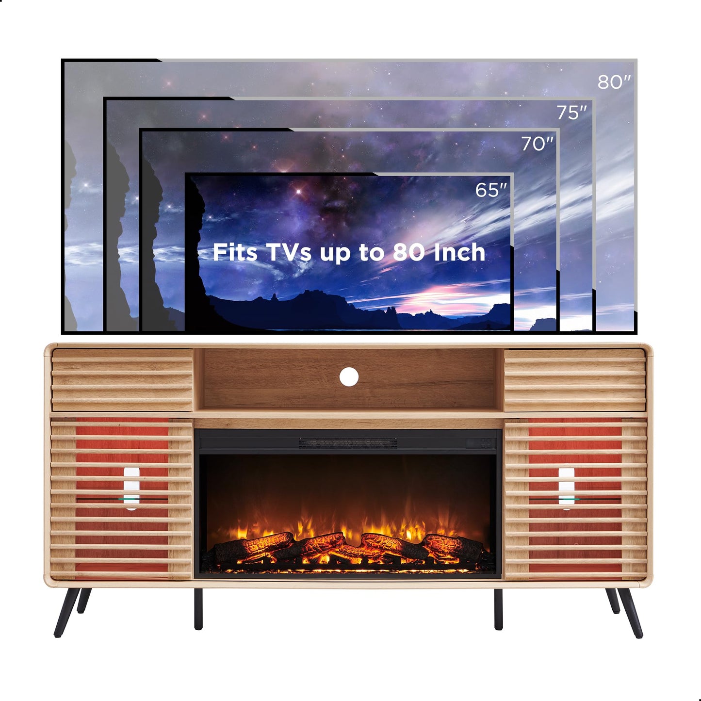 RedLemon Fireplace TV Stand for 80 Inch TV, Mid Century Modern Entertainment Center with 36" Electric Fireplace & Led Lights, Wood Media Console w/Slatted Sliding Doors for Living Room, Natural Oak