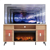 RedLemon Fireplace TV Stand for 80 Inch TV, Mid Century Modern Entertainment Center with 36" Electric Fireplace & Led Lights, Wood Media Console w/Slatted Sliding Doors for Living Room, Natural Oak RedLemon