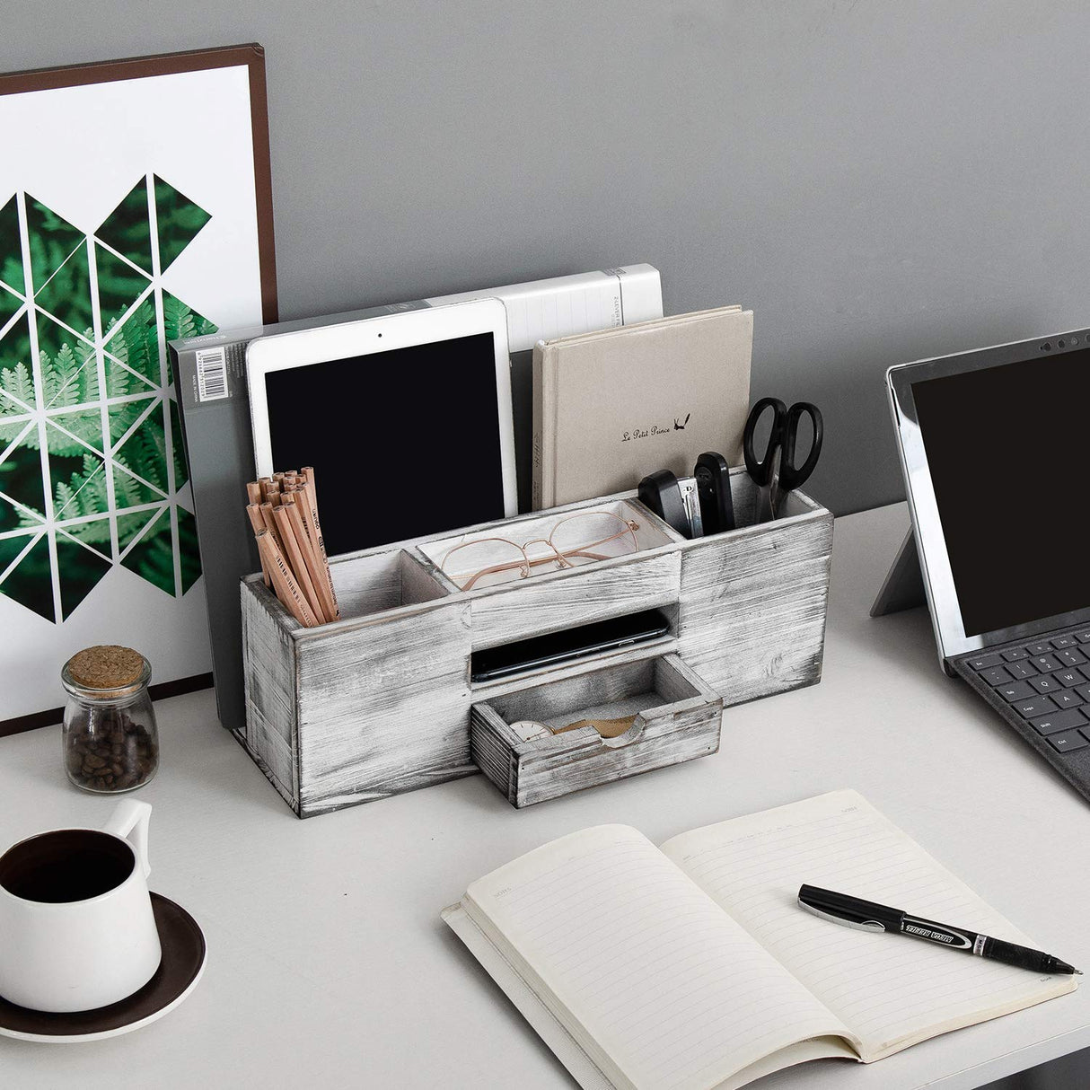 Liry Products Whitewashed Wooden Desktop Organizer Multiple Compartments Rack Shelf Drawer Tabletop Wood Storage Cabinet Office Supplies Caddy Document Stationery Holder Accessory Sorter Vanity Home ExoLiry