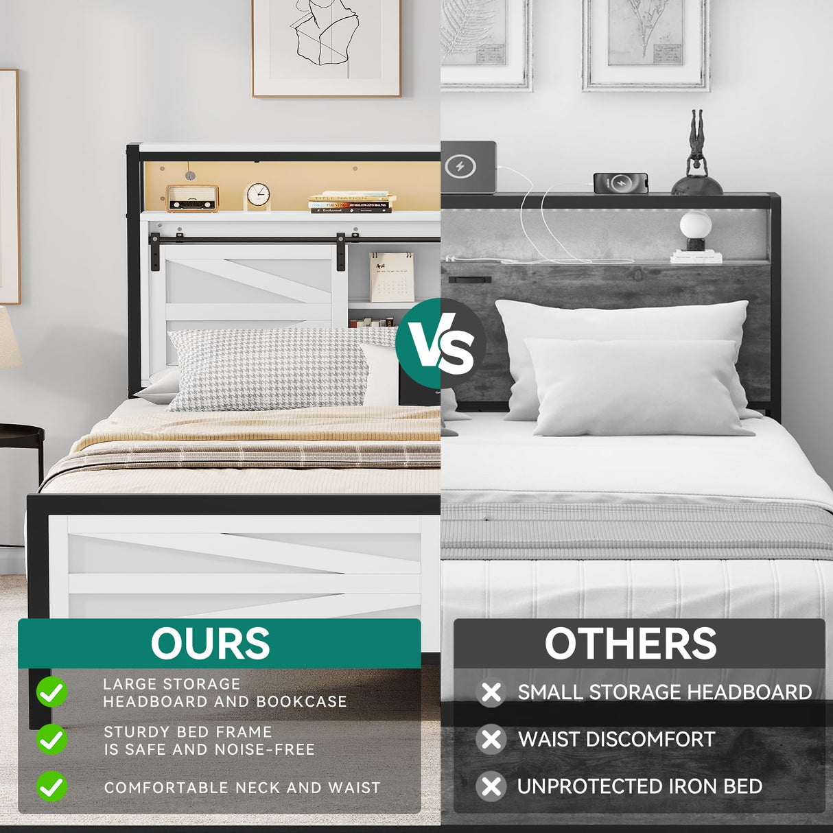 YITAHOME White Farmhouse Queen Bed Frame with Storage Headboard, LED Lights, and Charging Station YITAHOME