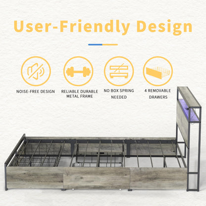 HAUSOURCE Full Size LED Bed Frame with Headboard, 4 Storage Drawers & Integrated USB Ports - WoodArtSupply