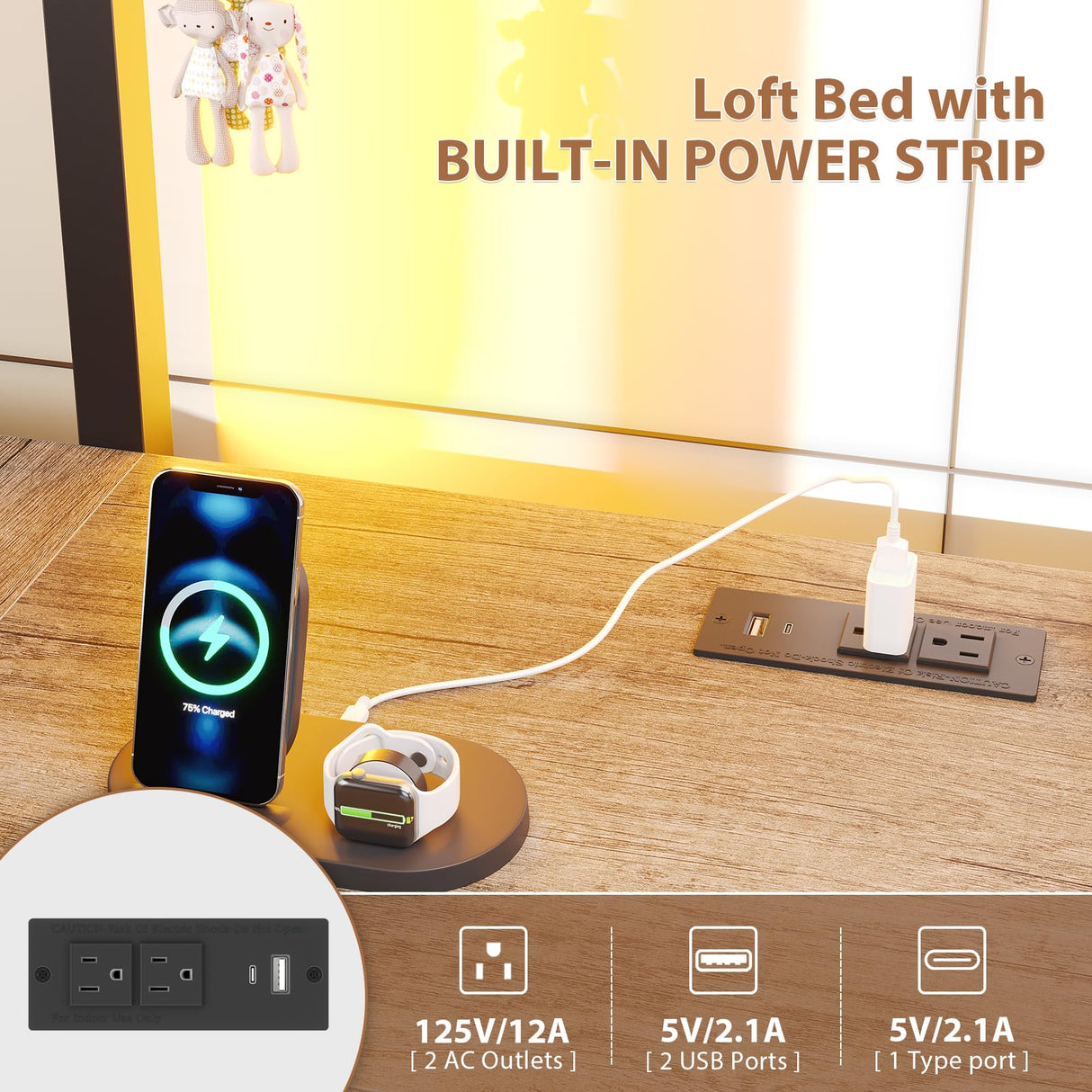 Dnxao Full Loft Bed with Desk and 5 Storage Drawers, Loft Bed Full Size with Desk,1 Bedside Organizer,Removable Ladder,LED Lights and Charging Station,Clothes Rail,Safety Guard,Oak Gray Dnxao