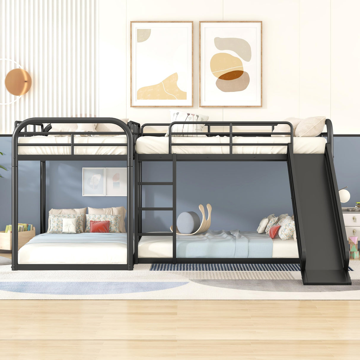 SOFTSEA L-Shaped Quad Bunk Beds for 4 Kids, Metal Triple Bunk Bed, No Box Spring Needed (Black, Twin and Full) SOFTSEA
