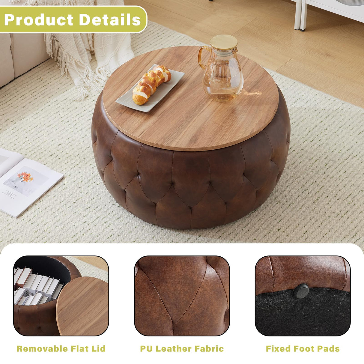 YDcosyfy PU Leather Round Storage Ottoman with Wooden Lid, 25 Inch Tufted Circle Ottoman Footrest Stool Bench Coffee Table for Living Room,Brown YDcosyfy