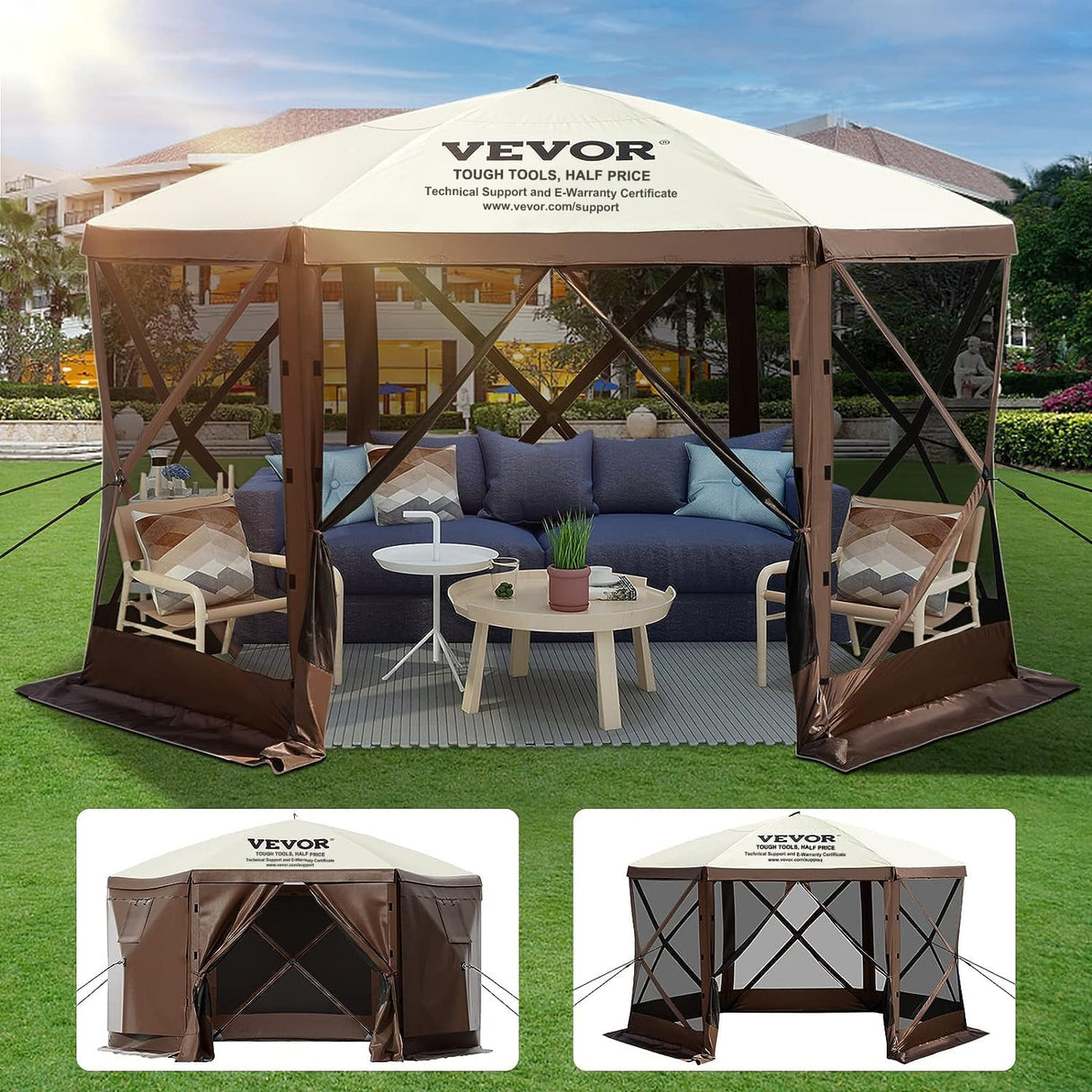 VEVOR Camping Gazebo Screen Tent, 10 * 10ft, 6 Sided Pop-up Canopy Shelter Tent with Mesh Windows, Portable Carry Bag, Stakes, Large Shade Tents for Outdoor Camping, Lawn and Backyard VEVOR