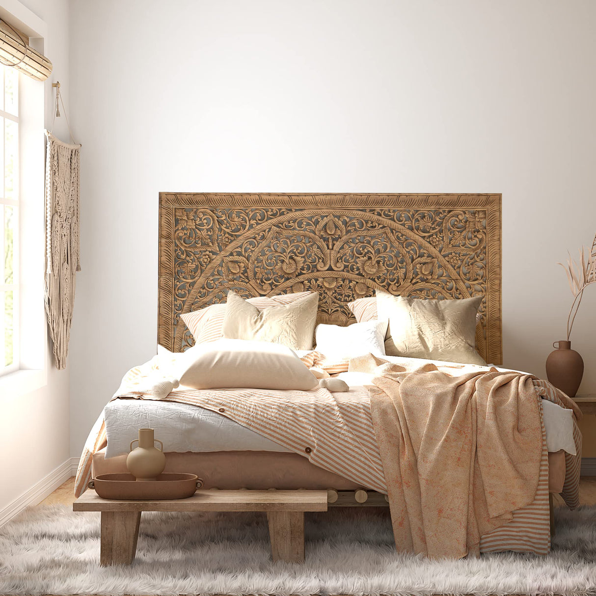Rectangular King Size Bed Headboard, Wall Mounted Hanging Wooden Panels, Hand Carved Teak Wood Furniture, Rustic Brown color, 76x38 inches Siam Sawadee