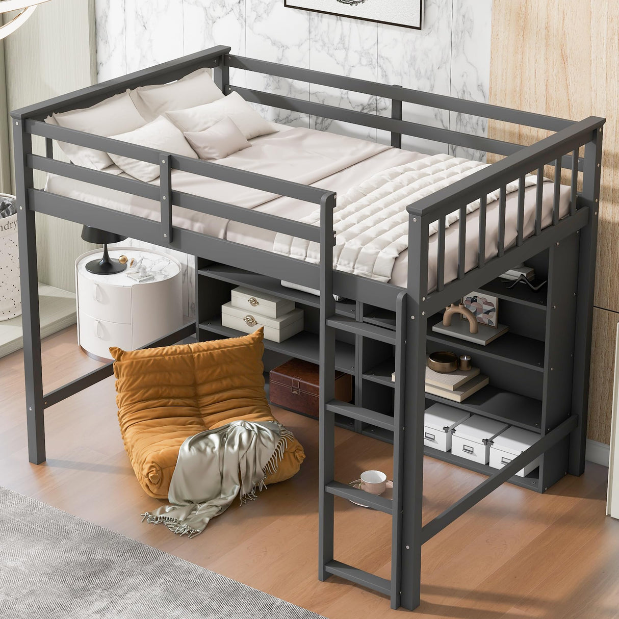 SOFTSEA Twin Size Grey Loft Bed with Open Storage and Ladder for Kids SOFTSEA