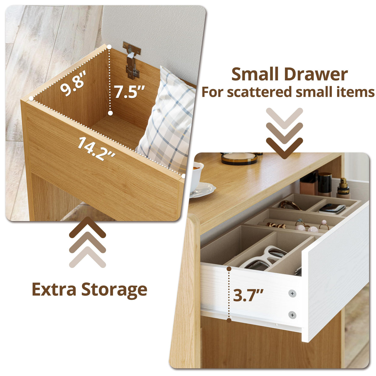 LIKIMIO Small Makeup Vanity Desk with Mirror and Lights, Vanity Table Set with Storage Drawer, Chair and Three Shelves, Bedroom, Wood LIKIMIO