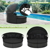 Tangkula Outdoor Patio Round Daybed with Retractable Canopy, Black Rattan Wicker Furniture Sectional Seating with Cushions and Throw Pillows, Seating Separates Cushioned Seats for Backyard (Black) Tangkula