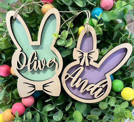 Personalized Bunny Easter Basket Tag Wooden, Custom Easter Place Card Name Easter, Basket Name Charm Kid Easter Basket Child Gift LOGGOL