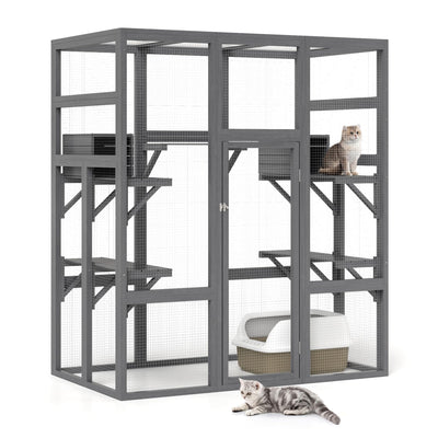 NYEEKOY 71Inches Large Wood Catio Outdoor Cat Enclosure with Perches and Condos, Cat House Indoor with Waterproof Roof, Cat Shelter 7 Platforms & 2 Resting Box, UV Resistant (Grey)