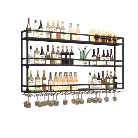 HFTUW 3-Tier Wall Mounted Wine Rack with LED Light, Stylish Wall Bar Shelves for Liquor Bottles & Hanging Glasses, Bar Shelves Wall Mounted for Kitchen, Dining Room & Home Bar(Black, 120cm/47in) HFTUW
