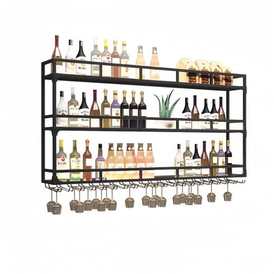 HFTUW 3-Tier Wall Mounted Wine Rack with LED Light, Stylish Wall Bar Shelves for Liquor Bottles & Hanging Glasses, Bar Shelves Wall Mounted for Kitchen, Dining Room & Home Bar(Black, 120cm/47in)