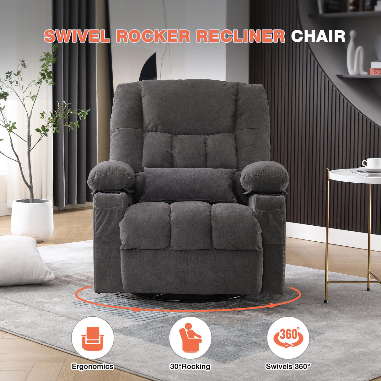 Massage Swivel Recliner Chair with Vibration Massage and Lumbar Heating for Adults,Oversized Rocker Recliner Single Sofa with Side Pocket,Two Cup Holders and USB Charge Port for Living Room MAHOMICO