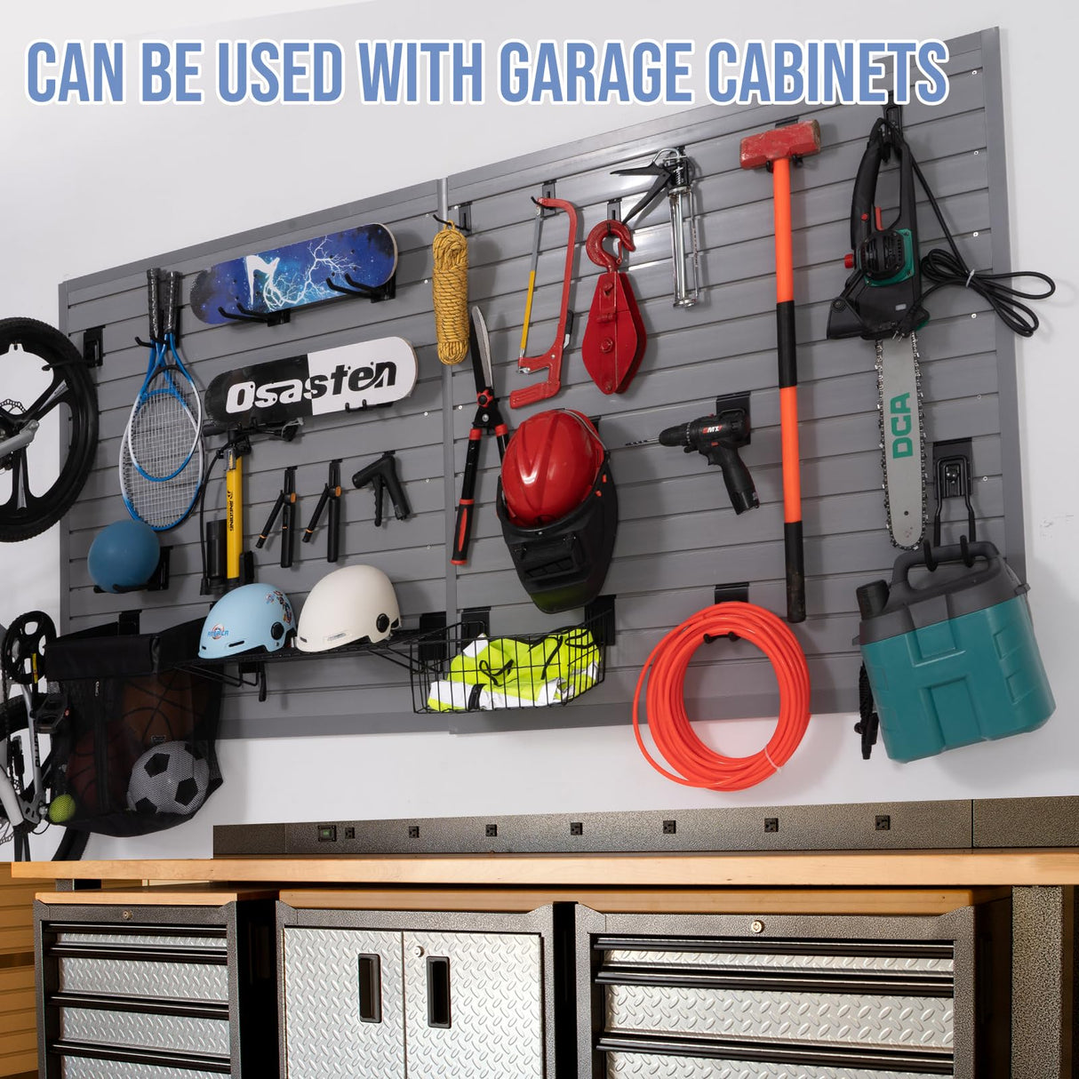 Slatwall Panels Garage Slat Wall Storage Systems 4'x4', Slat Wall Paneling Garage Wall Organizer, Grey Slat Board PVC Wall Panels Slatwall Displays Garage Tool Organizer Wall Mount Ladder Bike Rack HODURWALL