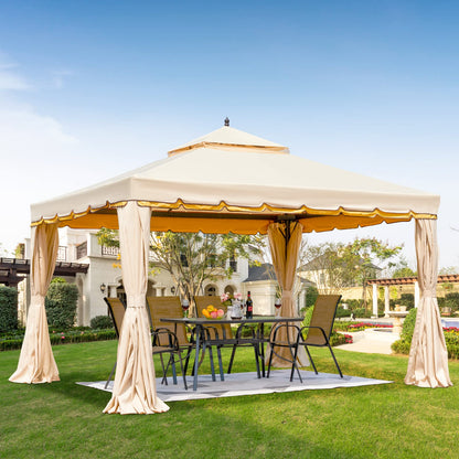 Erommy 10' x 12' Outdoor Canopy Gazebo, Double Roof Patio Gazebo Steel Frame with Netting and Shade Curtains for Garden, Patio, Party Canopy, Beige