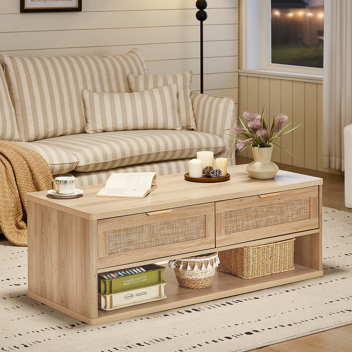 LEYAOYAO 48" Farmhouse Boho Rattan Coffee Table with 2 Woven Drawers,Rectangular Coffee Tables with Hidden Storage Compartment,Curved Profile Design,Wooden Center Table for Living Room,Natual Wood LEYAOYAO