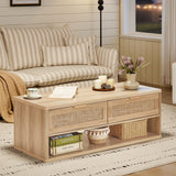 LEYAOYAO 48" Farmhouse Boho Rattan Coffee Table with 2 Woven Drawers,Rectangular Coffee Tables with Hidden Storage Compartment,Curved Profile Design,Wooden Center Table for Living Room,Natual Wood LEYAOYAO