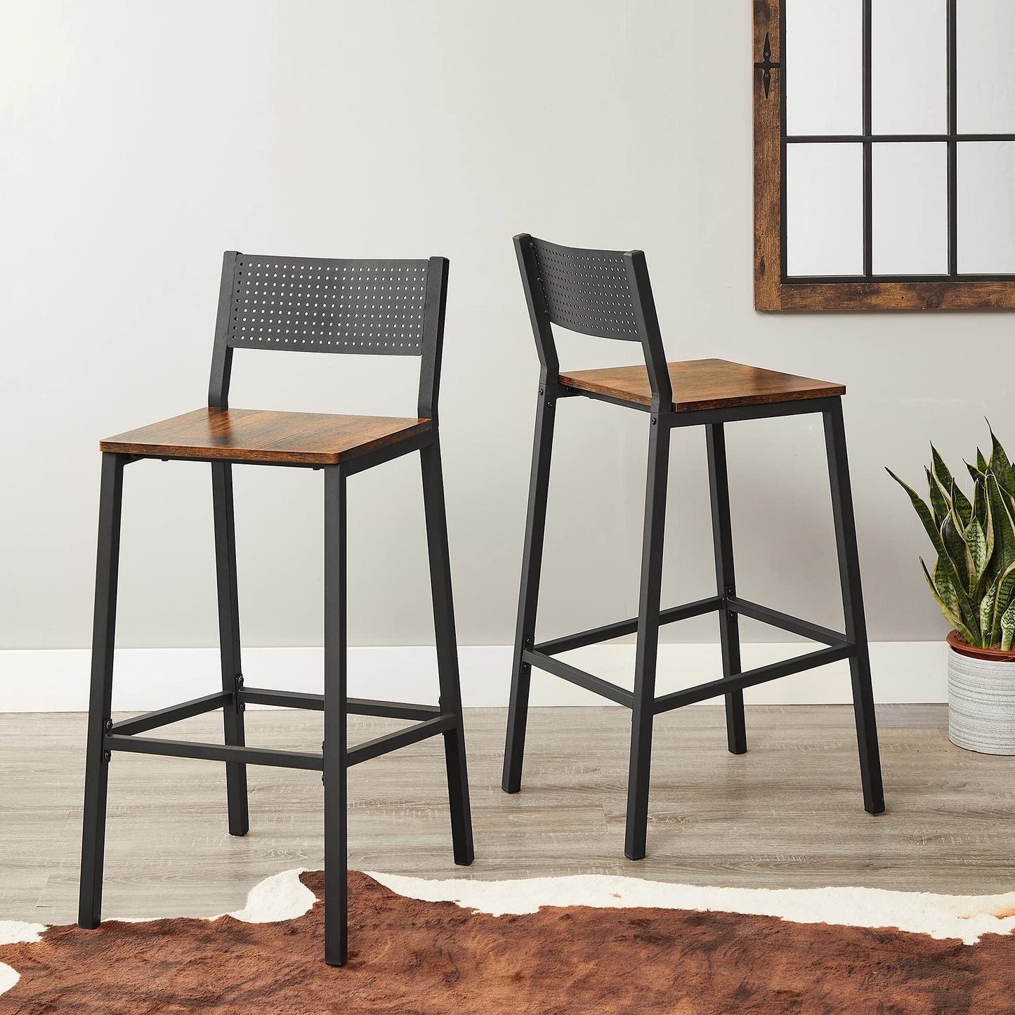 VASAGLE Bar Stools, Set of 2 Bar Chairs, Tall Bar Stools with Backrest, Industrial in Party Room, Rustic Brown and Black ULBC070B01 - WoodArtSupply