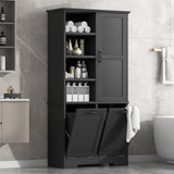 68” Tall Bathroom Storage Cabinet with 2 Tilt Out Laundry Hamper, Freestanding Bathroom Storage Cabinet with Door and Adjustable Shelves, Black Bellemave