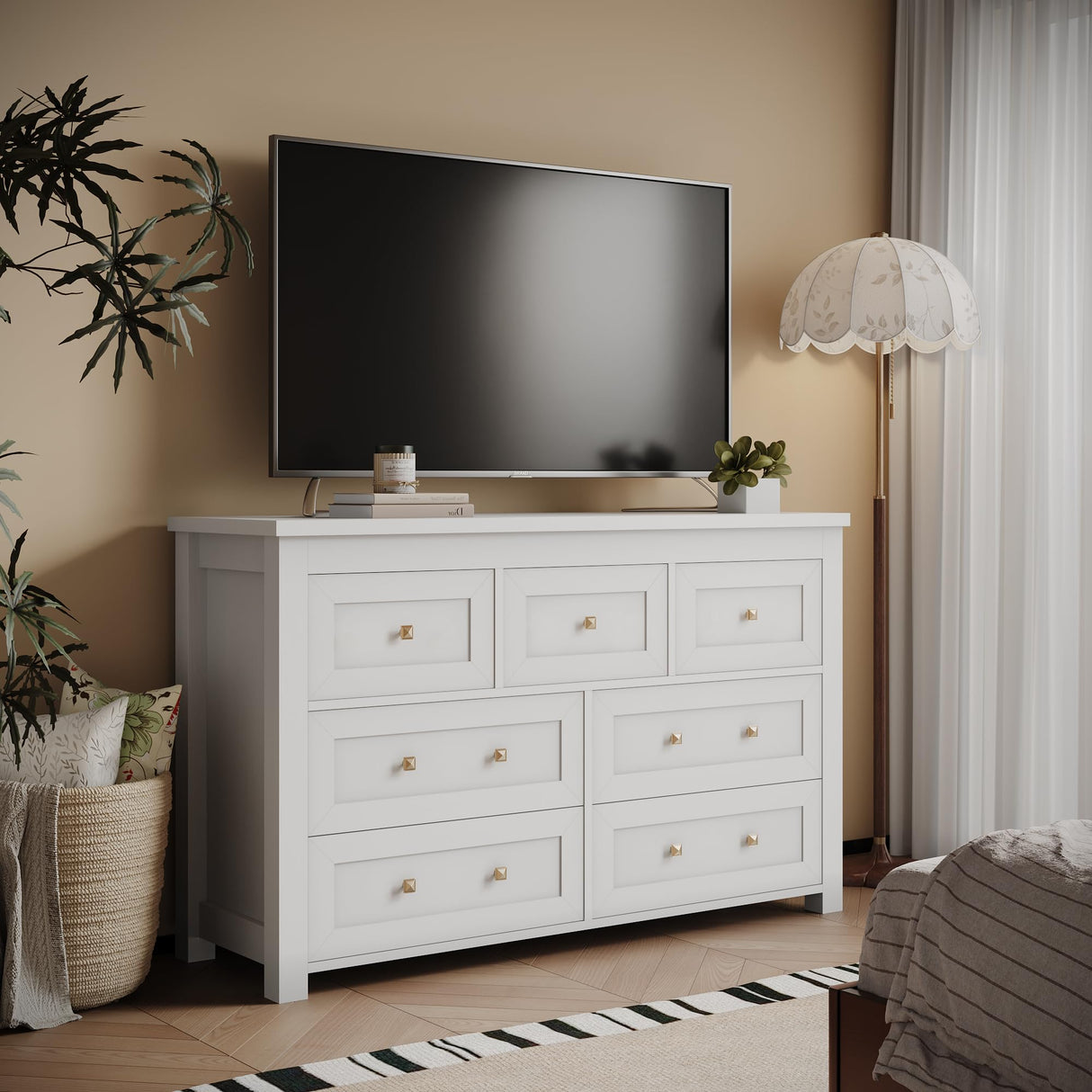 Dresser for Bedroom with 7 Drawers, Farmhouse Wood Chest of Drawers, Wide TV Stand Closet Storage Furniture with Metal Handle, Modern Clothes Organizer for Hallway, Living Room, Entryway, White Xixini