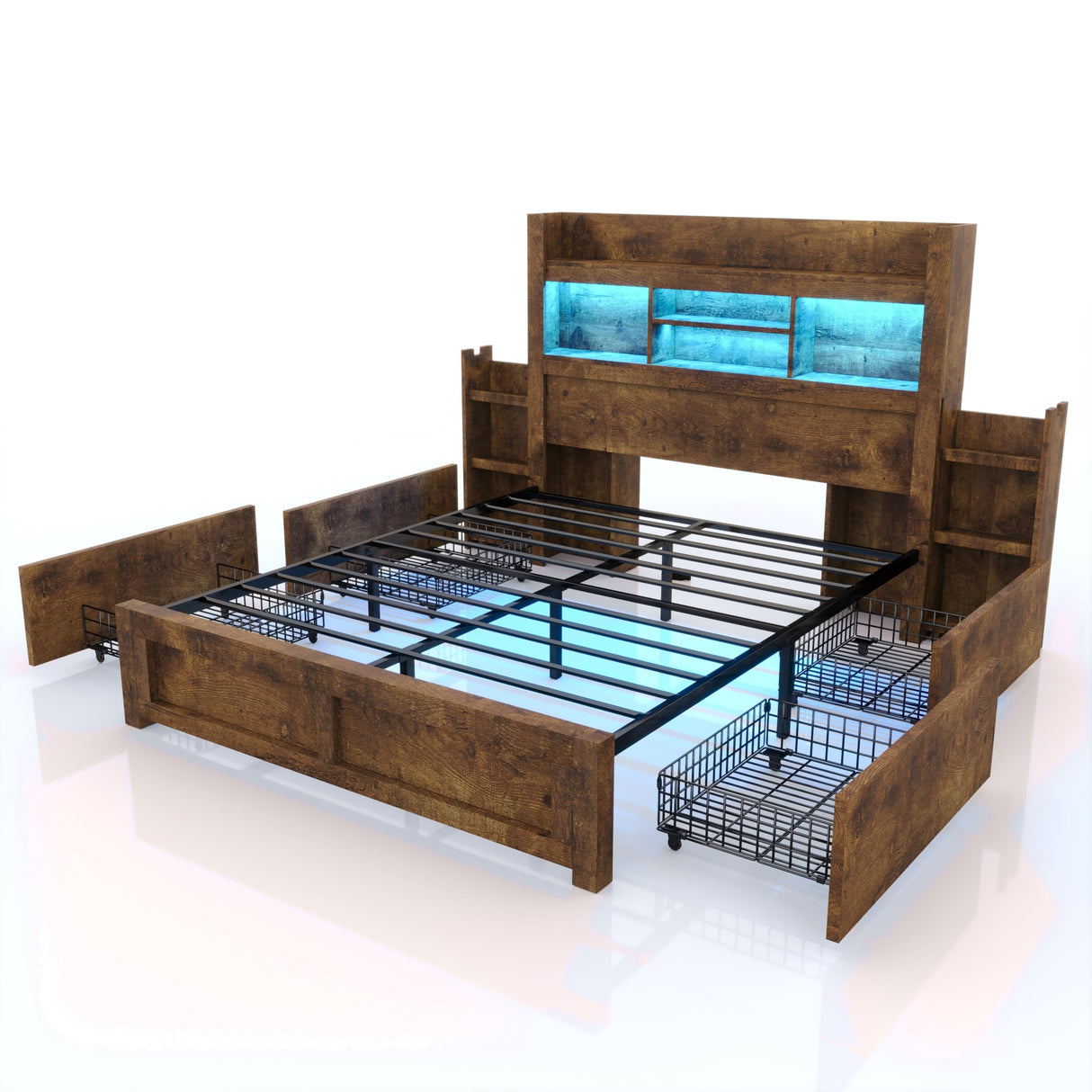 LUXOAK Full Bed Frame with 49.6" Bookcase Headboard & 2 Bedside Stoage Racks & 4 Drawers, Farmhouse Wood Bed Frame with RGB LED & Charging Station, No Box Spring Needed, Rustic Brown LUXOAK