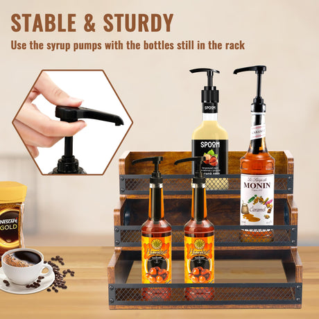 Liquor Bottle Display Shelf, Coffee Syrup Rack Organizer, 3 Step Countertop Liquor Wine Rack, 12 Bottles Coffee Station Organizer with Fences & Handles, Home Retro Bar Shelf Stand for Liquor Whiskey Alyoen