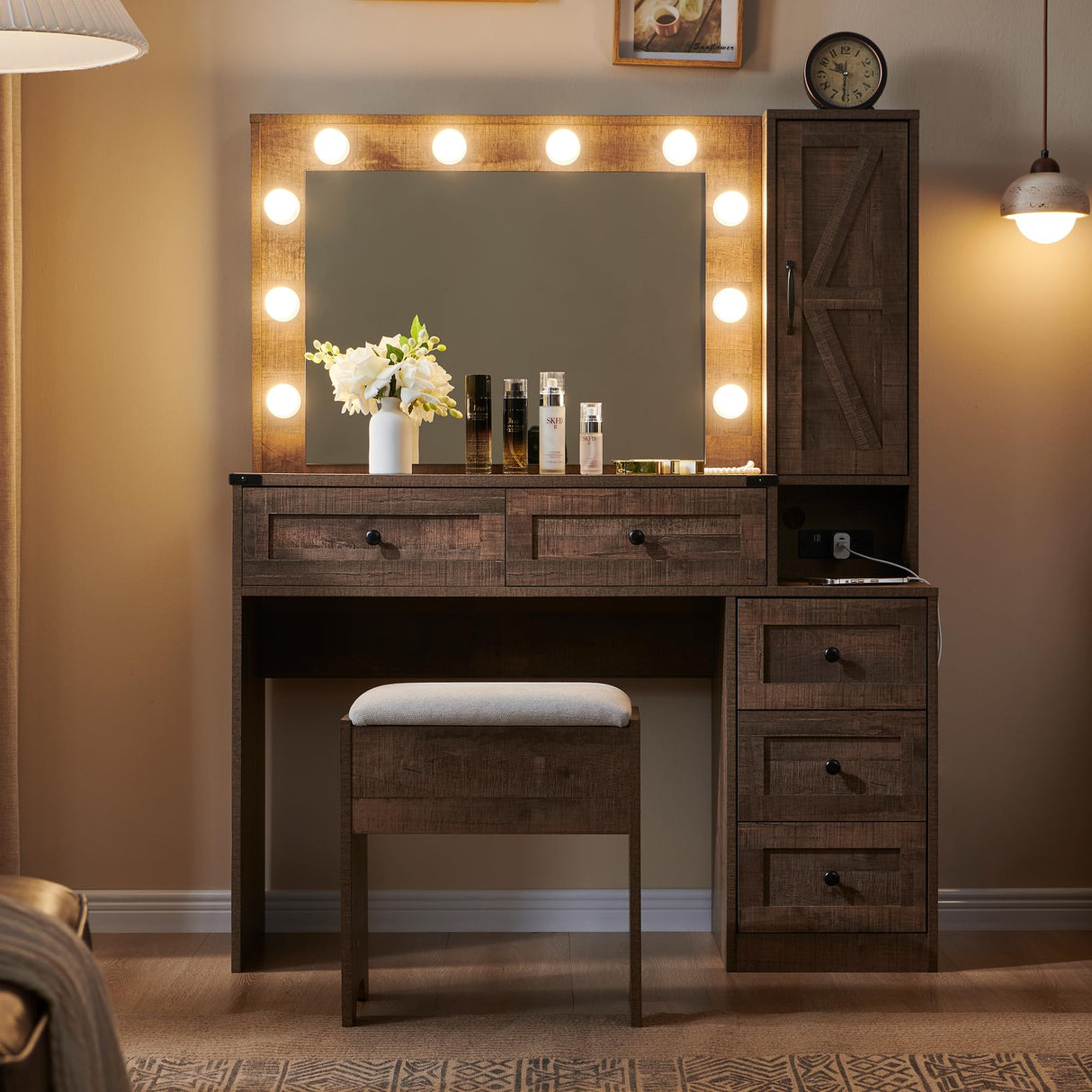 ACCOHOHO Farmhouse Vanity Desk with Mirror and Lights, 43" Wide Makeup Vanity with Glass Tabletop and Charging Station, Modern Vanity Table Set with Storage and Stool for Bedroom, Light Brown ACCOHOHO