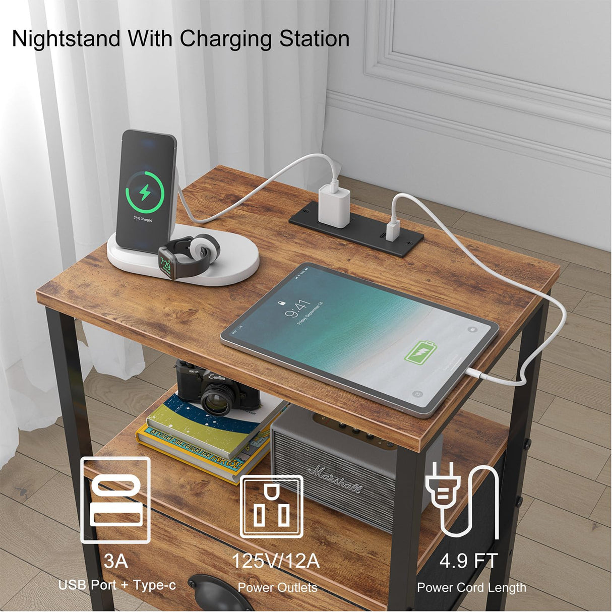 sthmec Nightstands Set of 2, Night Stands with Charging Station and Fabric Drawer, Bedside Tables with Storage, 2- Tier Side Table with Open Shelf, Nightstands with Charging Station,Rustic Brown sthmec