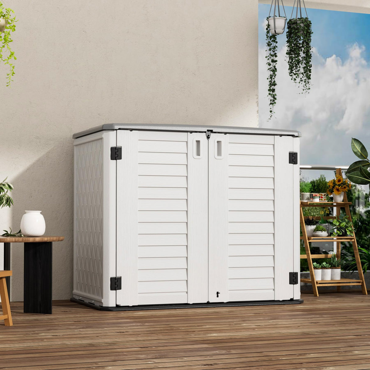 Mrosaa Outdoor Patio Storage Shed,Waterproof Horizontal Outdoor Storage Cabinet for Garbage Cans,Tools and Lawnmower Lockable(34 Cu.ft-Warm-White) Mrosaa