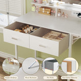 HUAHUU Small Vanity Desk with Mirror and Lights, Makeup Vanity with Fabric Storage Drawer, Chair and Three Shelves, White Vanity with Power Outlet and Fold-up Panel, Bedroom HUAHUU