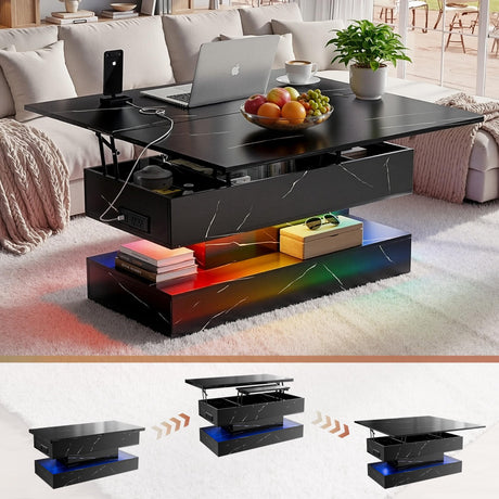 40" Lift Top Coffee Table, Multi-Function Convertible Workstation Table with Storage & Charging Station, Modern Faux Marble Design for Living Room & Small Spaces Fabulcozy