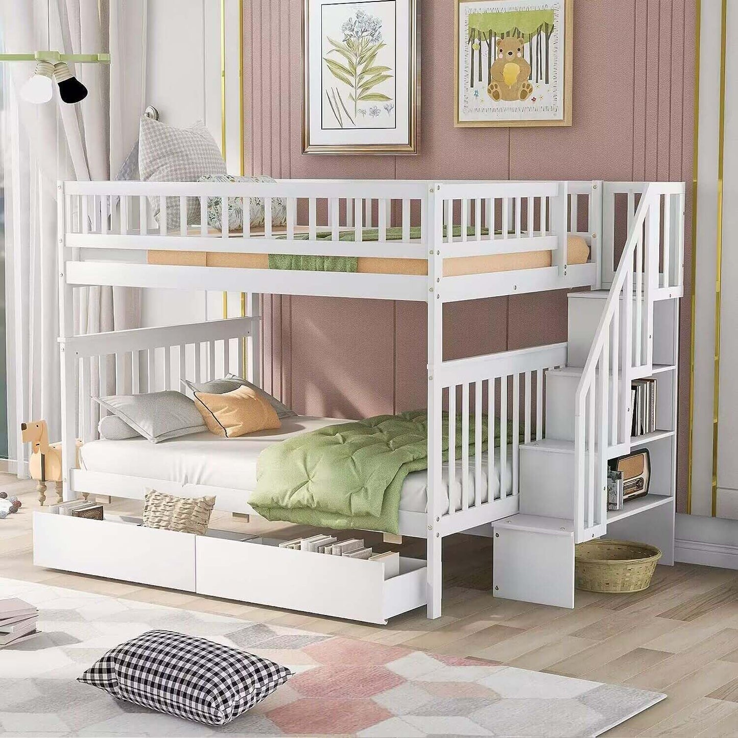 Harper & Bright Designs Modern White Full Over Full Bunk Bed with Stairs and Storage Drawers