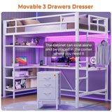 Loft Bed Twin Size with L-Shaped Desk and Storage Shelves, Metal Loft Bed Frame with Power Outlet, LED Lights, 3 Fabric Drawers, Metal Mesh, Space-Saving, No Box Spring Needed, White MSmask